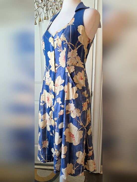 Anthropologie Dresses & Skirts - Anthropologie Camellia Collared Midi Dress Womens 2 Blue Cream Floral Retro 90s